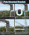 Installation guide for Super Bright 200W LED Parking Lot Light With Dusk To Dawn Sensor, showing wiring and pole mounting.