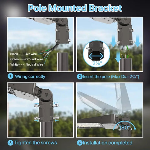 Installation guide for Super Bright 200W LED Parking Lot Light With Dusk To Dawn Sensor, showing wiring and pole mounting.