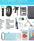 All In One 16 In 1 Waterproof Survival Kit For Camping Hiking Travel And Adventures With Stainless Steel Tool Card Fire Starter Compass Wire Saw Emergency Whistle Flashlight And Blanket displayed with tools.