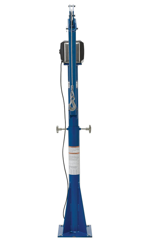 Built Tough AC Power Jib Crane With 1500 Lb Capacity And 66 Inch Telescoping Boom, 360 Swivel, Powered Cable Winch side view.