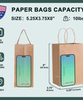 Small Brown Kraft Gift Bags With Handles Five And A Quarter By Three And Three Quarter By Eight Inches 50 Pcs Heavy Duty 100 GSM Kraft Paper Great For Small Biz Gift Wrapping Party Favors Birthday Bags Shopping Made In USA side view comparison with measurements
