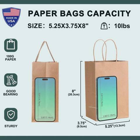 Small Brown Kraft Gift Bags With Handles Five And A Quarter By Three And Three Quarter By Eight Inches 50 Pcs Heavy Duty 100 GSM Kraft Paper Great For Small Biz Gift Wrapping Party Favors Birthday Bags Shopping Made In USA side view comparison with measurements
