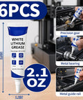 Six Pack 3D Printer Grease Lubricant For Gears And Guide Rails in use on gear, bearing, and guide rail with size and weight details.