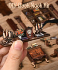 DIY 3D Wooden Book Nook Kit For Adults Teens And Beginners A Miniature Tiny House For Bookshelf Decor with parts laid out