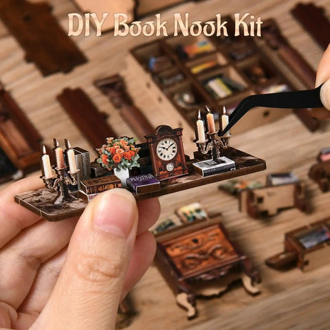 DIY 3D Wooden Book Nook Kit For Adults Teens And Beginners A Miniature Tiny House For Bookshelf Decor with parts laid out