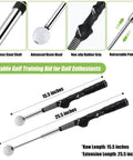 Retractable Golf Swing Trainer With Audible Click Feedback For Realistic Swing Right Handed Grip Trainer For Chipping And Full Swing Indoor And Outdoor Practice Arm Band Included For Easy Consistent Training, showing sizes and features.