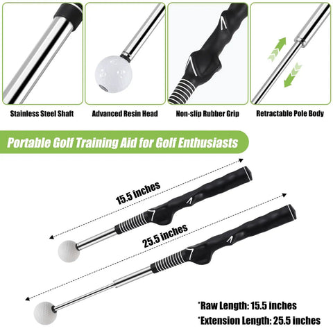 Retractable Golf Swing Trainer With Audible Click Feedback For Realistic Swing Right Handed Grip Trainer For Chipping And Full Swing Indoor And Outdoor Practice Arm Band Included For Easy Consistent Training, showing sizes and features.