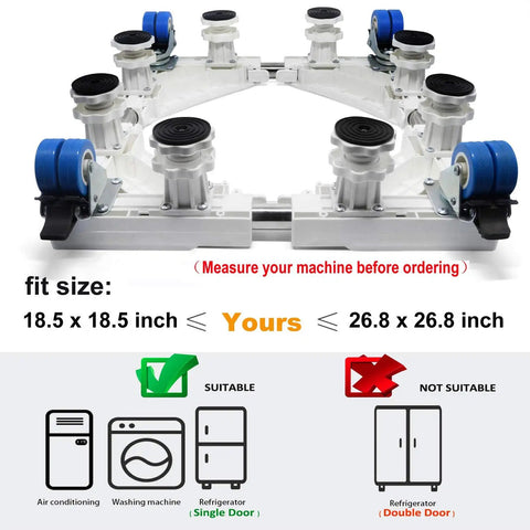 Heavy Duty Washing Machine Base Stand With Built Tough Movable Adjustable Frame featuring eight durable feet and four locking rubber swivel wheels