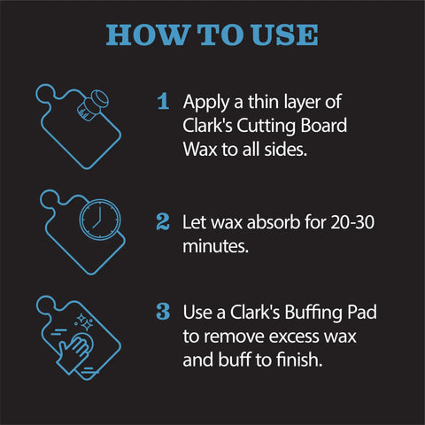 Instructions for using Cutting Board Care Kit With Coconut Oil For Wood Blocks And Countertops; apply wax, let absorb, buff.
