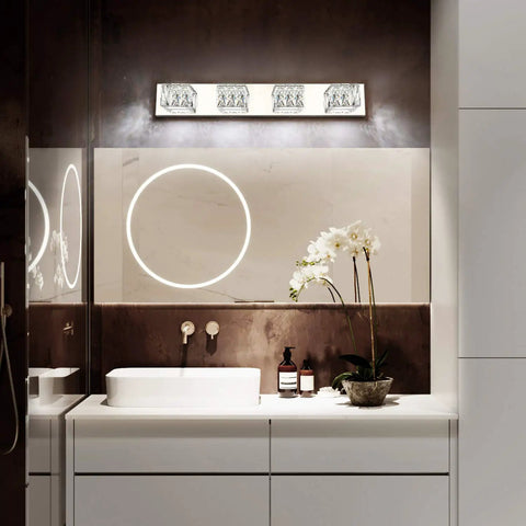Sleek 4 Light LED Bathroom Vanity Bar With Crystal K9 Accents In Chrome Finish For Over Mirror Install Bright Modern Bath Lighting For Sinks And Medicine Cabinets