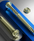 Yellow Hex Exterior Lag Screws Number 12 By 4 Inch, 26 Piece Bag on blue surface with washer heads for heavy-duty use.