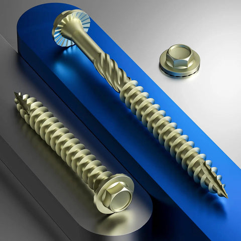 Yellow Hex Exterior Lag Screws Number 12 By 4 Inch, 26 Piece Bag on blue surface with washer heads for heavy-duty use.
