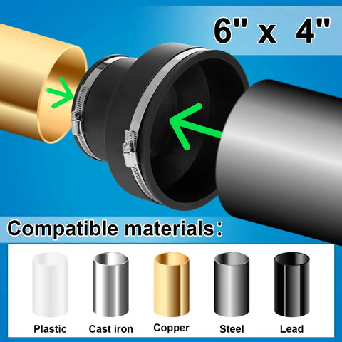 2 Pack Flexible PVC Reducing Pipe Couplings 6 Inch To 4 Inch With Stainless Steel Clamps For DWV Pipes Universal Fit Fits Cast Iron Plastic Copper Steel DIY Friendly No Sweat Install, 6" x 4" reducer
