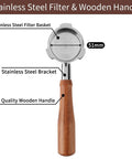 Front view of 51mm bottomless portafilter with stainless steel filter basket and wooden handle
