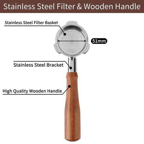 Front view of 51mm bottomless portafilter with stainless steel filter basket and wooden handle