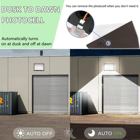 120W LED Wall Pack Light With Dusk To Dawn Sensor installed outside warehouse, showing automatic on-off operation at night