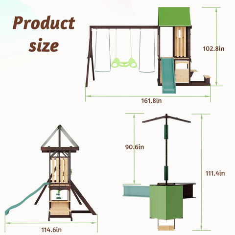 Dimensions of Natural Cedar Wood Backyard Swing Set With Wave Slide, Kid-Friendly Clubhouse Playhouse, Snack Bar Window, Picnic Table and Chair, Two Belt Swings, Trapeze, Front Door and Windows, Step Ladder for Kids Ages 3-12