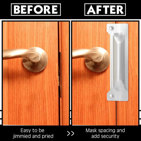 Before and after of Heavy Duty Two Pack Door Latch Guard Plates For Outswing Entry Doors, showcasing added security and cover.