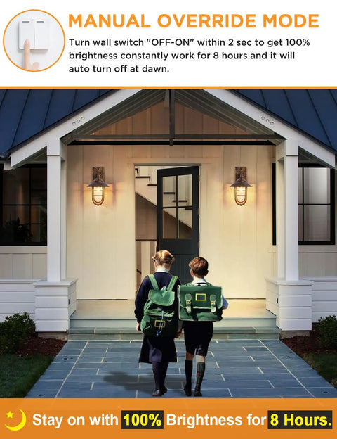 Front porch with Smart Dusk To Dawn Sensor Outdoor Wall Lantern In Nautical Style, oil rubbed bronze finish, illuminated