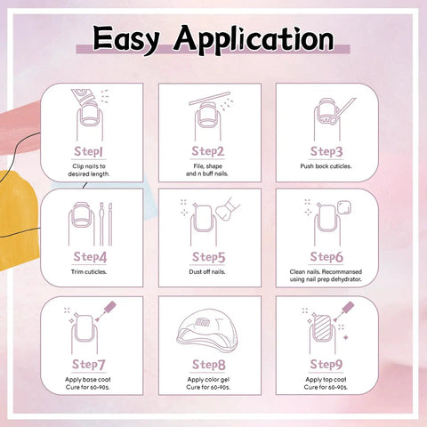 Step-by-step application guide for 27 Colors Gel Nail Polish Kit With UV And LED Light Lamp for at-home manicures.