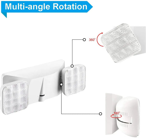 Four Pack White LED Exit Signs With Two Head Emergency Lights UL Listed showing 360-degree multi-angle light rotation feature
