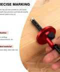 Pro Level Euro Wheel Marking Gauge For Woodworking Featuring Laser Engraved Inch And Millimeter Dual Scales CNC Aluminum tool on wood.
