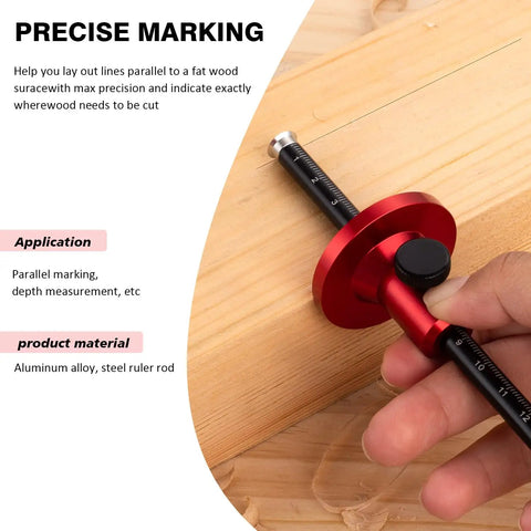 Pro Level Euro Wheel Marking Gauge For Woodworking Featuring Laser Engraved Inch And Millimeter Dual Scales CNC Aluminum tool on wood.