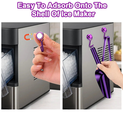 Heavy Duty Ice Scoop For Freezer With Magnetic Hook And Ice Tongs on stainless steel ice maker surface