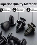 Dope Auto Bumper Retainer Clips Kit For Mini Cooper S And Clubman With Multi-Size Nylon Body Panel Fasteners Plus Removal Tool In Clear Box, black clips close-up