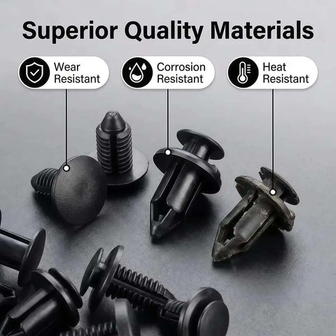 Dope Auto Bumper Retainer Clips Kit For Mini Cooper S And Clubman With Multi-Size Nylon Body Panel Fasteners Plus Removal Tool In Clear Box, black clips close-up