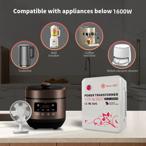 Heavy Duty 2000W Step Up Transformer 110V To 220V Voltage Converter for appliances below 1600W with surge protection