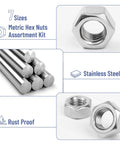 Metric Hex Nut Set, 145-Piece Assortment Kit With 7 Sizes M3 M4 M5 M6 M8 M10 M12, 304 Stainless Steel Nuts
