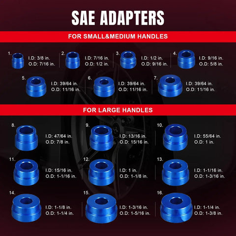 Pro Grade Bearing Race And Seal Driver Kit 33Pc With SAE And Metric Adapters showing various blue SAE adapters.