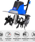 Powerful 16 Inch Corded Garden Tiller Cultivator With A Thirteen Point Five Amp Motor displaying steel tines and wheels