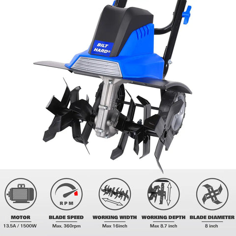 Powerful 16 Inch Corded Garden Tiller Cultivator With A Thirteen Point Five Amp Motor displaying steel tines and wheels