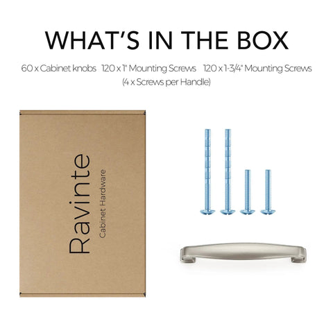 Box, screws, and handle from 60 Pack Solid 3-3/4 Inch Cabinet Handles In Brushed Nickel Or Satin Nickel, 4-1/4 Inch Overall Length
