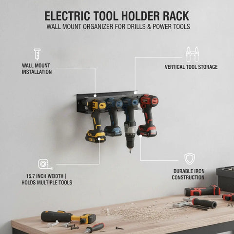 Wall Mounted Drill Holder And Iron Power Tool Rack For Garage Workshop Vertical Cordless Driver Organizer, black rack with tools