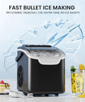 Portable Countertop Ice Maker That Makes Bullet Ice Pretty Dang Fast With Zero Fuss And Self Cleaning Features Providing Two Cube Size Choices For House Parties Producing 26 Pounds Daily In Modern Black with ice and drinks.