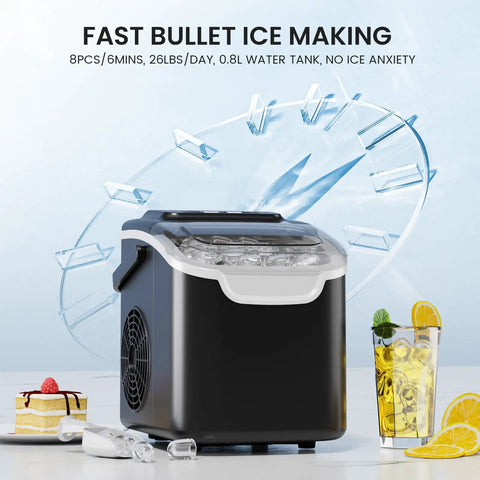 Portable Countertop Ice Maker That Makes Bullet Ice Pretty Dang Fast With Zero Fuss And Self Cleaning Features Providing Two Cube Size Choices For House Parties Producing 26 Pounds Daily In Modern Black with ice and drinks.