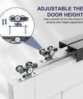 4 Ft Bypass Door Hardware Kit For Closet Doors, Top Mounted Track System In Black, showing three-wheel hangers and door adjustment feature