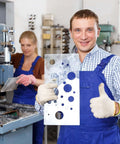 HARFINGTON diamond drill bit hole saw kit held by a worker in blue overalls in a workshop.