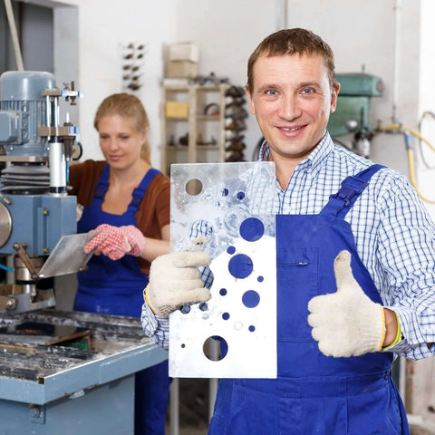 Front view HARFINGTON 5pcs diamond drill bit hole saw set; man in overalls holds perforated metal sheet in workshop.