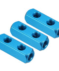 Three blue aluminum Two Way Five Port Aluminum Air Manifold Inline Block Splitter Kit With G1/4 Inch Threads