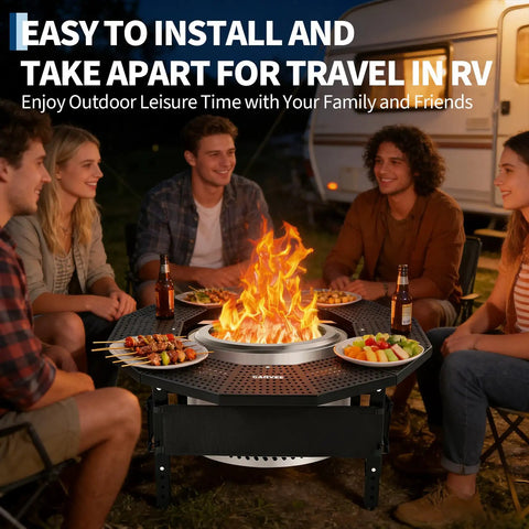Group around Fire Pit Table Surround With 360 Degree Safety Barrier Built Tough In Heavy Duty Steel, enjoying snacks outdoors