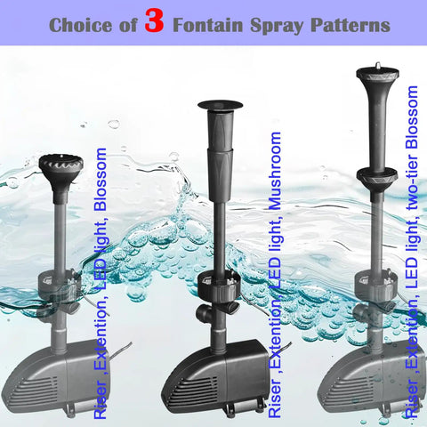 All-In-One Pond Filter With Submersible Pump And Fountain Kit showing 3 water spray patterns and LED light options