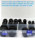 Waterproof Black Nylon Cable Glands Kit With Adjustable Cord Grips For Easy Wire Protection And Strain Relief Includes Gaskets And Lock Nuts Five NPT Sizes One Quarter Three Eighths One Half Three Quarters And One Inch 20 Pieces in a clear box