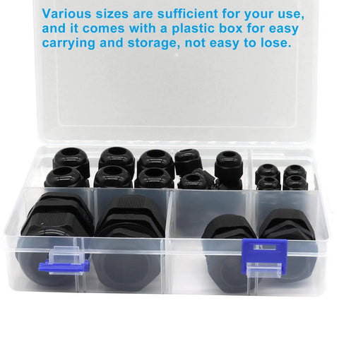 Waterproof Black Nylon Cable Glands Kit With Adjustable Cord Grips For Easy Wire Protection And Strain Relief Includes Gaskets And Lock Nuts Five NPT Sizes One Quarter Three Eighths One Half Three Quarters And One Inch 20 Pieces in a clear box