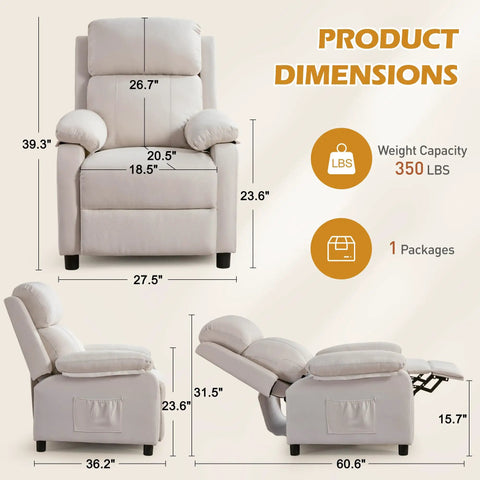 Cozy Linen Recliner Chair With Padded Deep Seat And Side Pockets, Easy Manual Recline To Near Flat For Reading Or Binge Watching TV