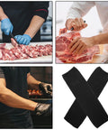 High Density Cut Resistant Arm Sleeves Two Pack Legit Tough As Nails Forearm Guards shown beside meat cutting in kitchen.