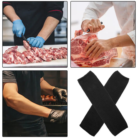High Density Cut Resistant Arm Sleeves Two Pack Legit Tough As Nails Forearm Guards shown beside meat cutting in kitchen.